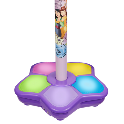 Child aux microphone on stand with purple base and colorful character graphic