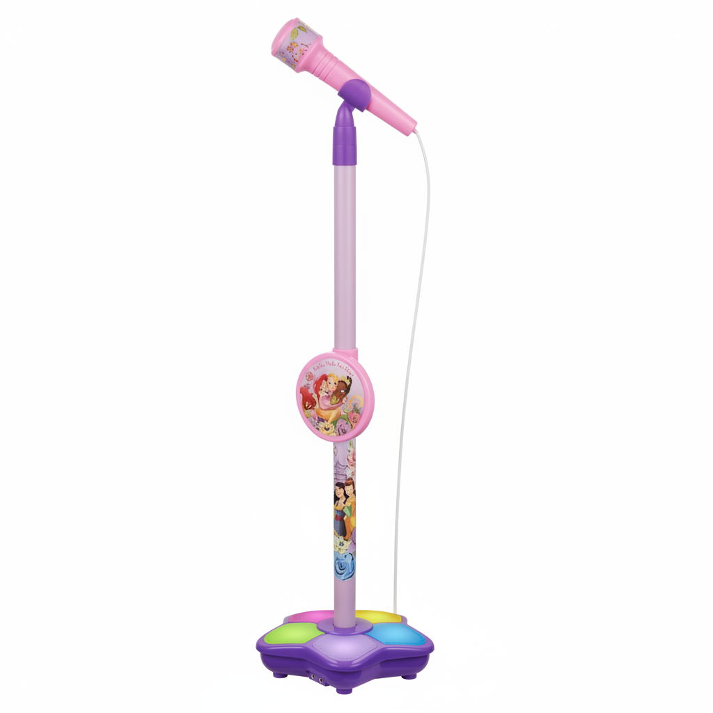 Child microphone on tall stand with pink-and-purple design and character graphics