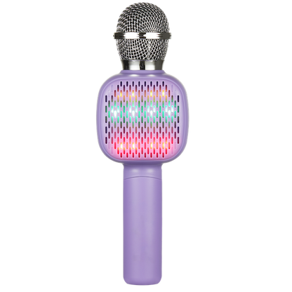 Handheld karaoke microphone with metal grille and lavender speaker body