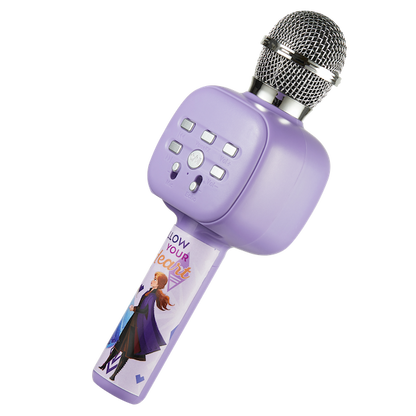 Lavender handheld karaoke microphone with button panel and Frozen character sleeve