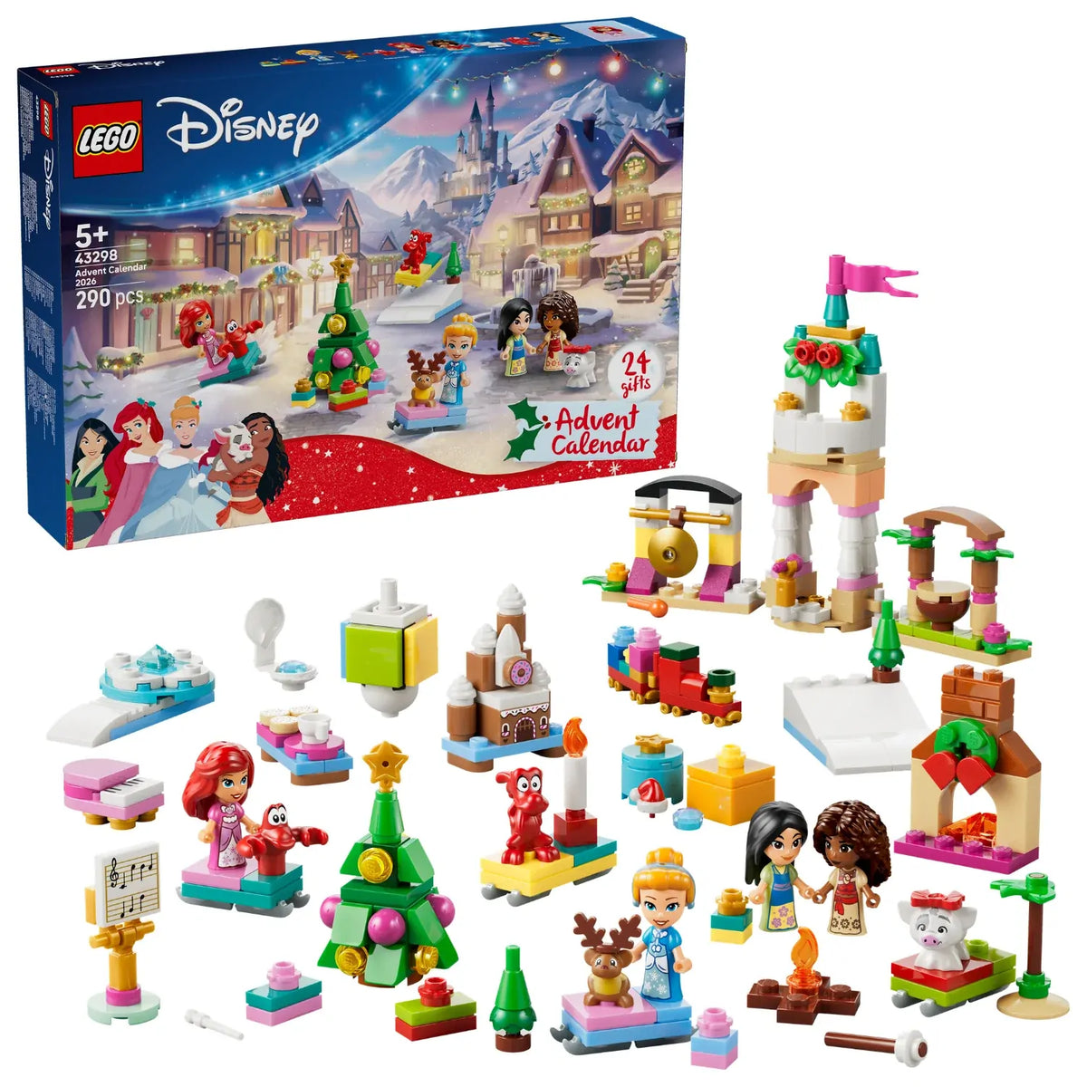 LEGO Disney Princess advent calendar set with mini figures and scattered building bricks