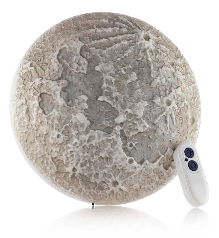 Textured gray moon sphere with white remote controller