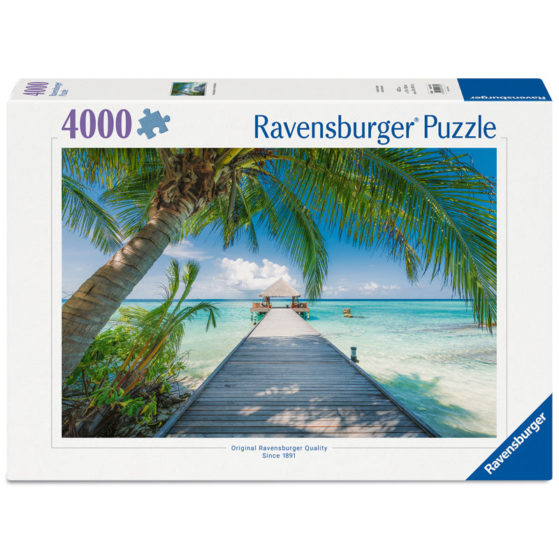 Ravensburger 4000-piece jigsaw puzzle box with tropical beach and palm tree artwork