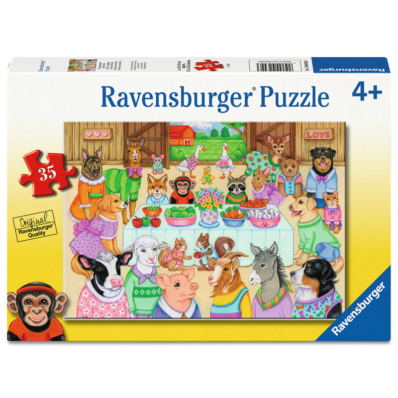 Ravensburger 35-piece jigsaw puzzle box with barn party animal and family scene