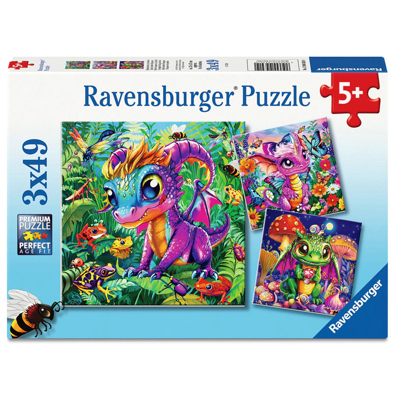 Ravensburger jigsaw puzzle box with colorful baby garden dragons, 3x49 pieces, age 5+