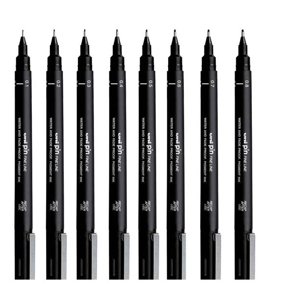 White Smoke UNI PIN Fineliner, Assorted Nib Sizes, Black Ink, Pk8 Pens and Markers