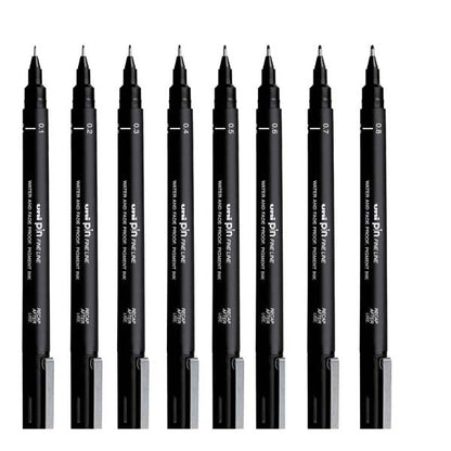 White Smoke UNI PIN Fineliner, Assorted Nib Sizes, Black Ink, Pk8 Pens and Markers