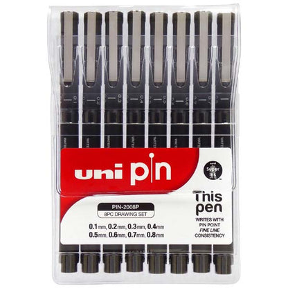 White Smoke UNI PIN Fineliner, Assorted Nib Sizes, Black Ink, Pk8 Pens and Markers