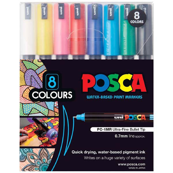 Black Posca PC1MR Paint Marker,  Assorted Colours, 8Pk Paint Markers