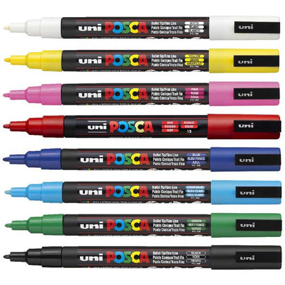 White Smoke Posca PC3M Paint Markers, Assorted Colours, 8Pk Paint Markers