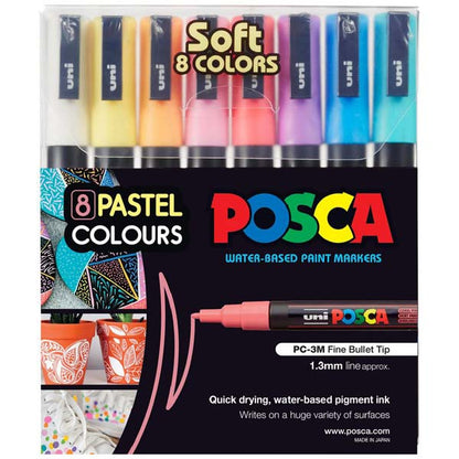 Black Posca PC3M Paint Markers, Soft Pastel Colours, 8Pk Paint Markers