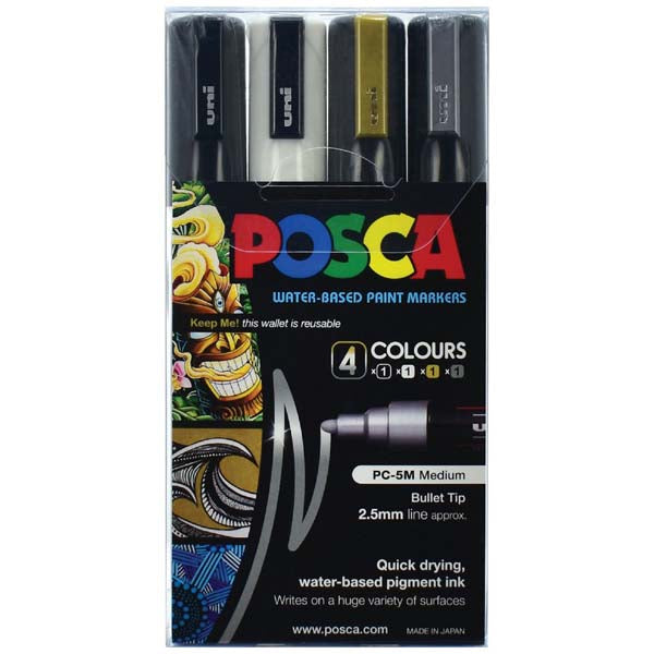 Black Posca PC5M Paint Markers, Assorted Colours, 4Pk Paint Markers