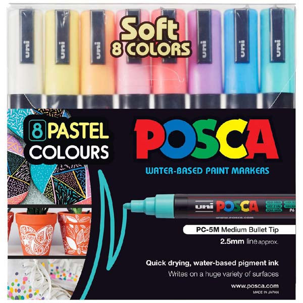 Black Posca PC5M Paint Markers, Soft Pastel Colours, 8Pk Paint Markers