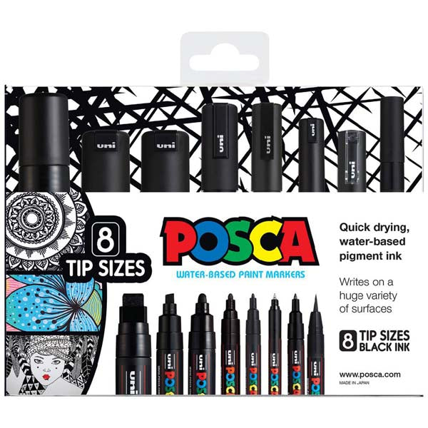 White Smoke Posca Paint Markers, Assorted Nib Sizes, Black, 8Pk Paint Markers