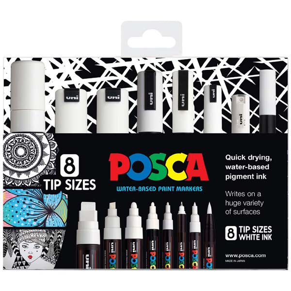 Black Posca Paint Markers, Assorted Nib Sizes, White, 8Pk Paint Markers