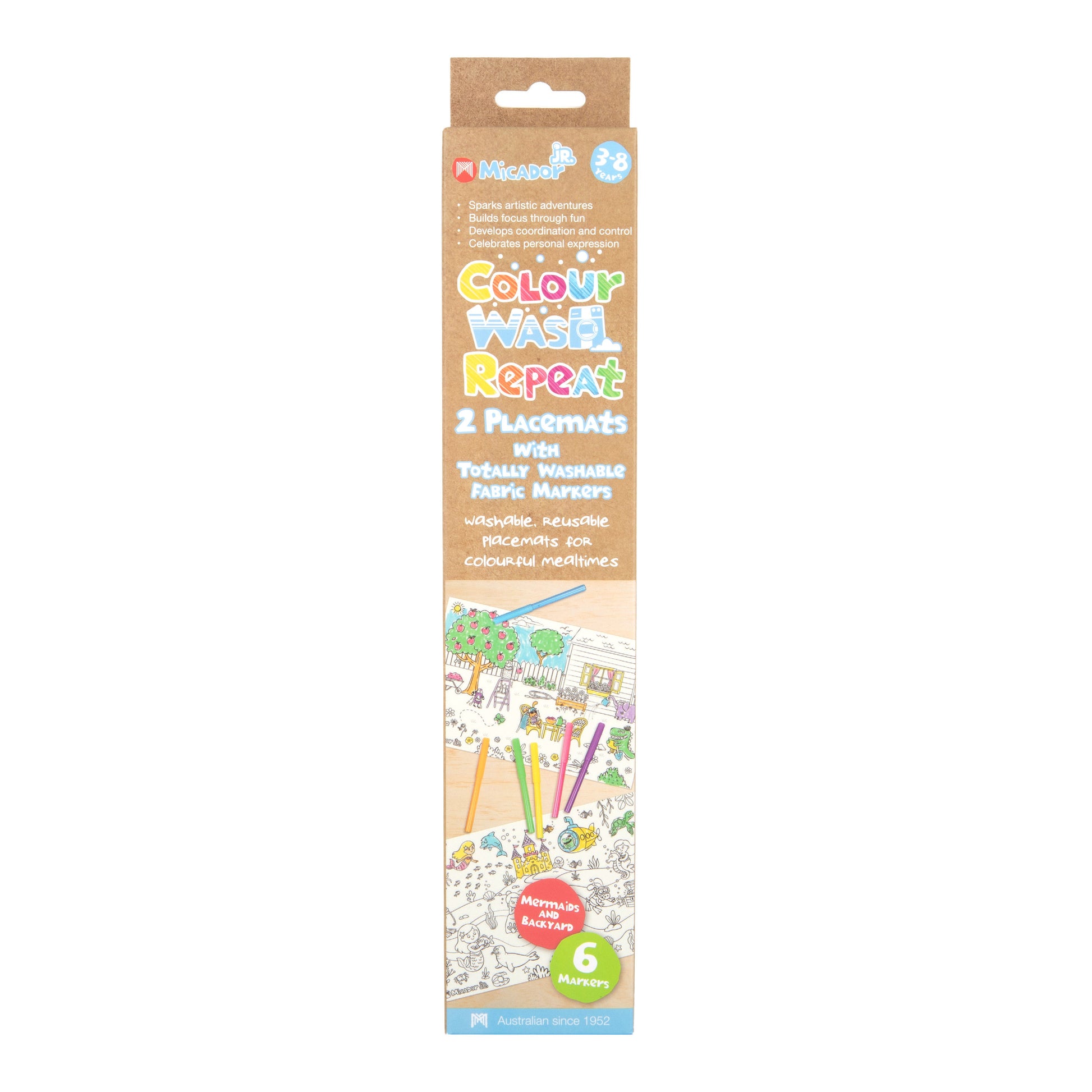 Tan Micador jR. Colour Wash Repeat Placemats, Mermaids and Backyard Kids Colouring Books