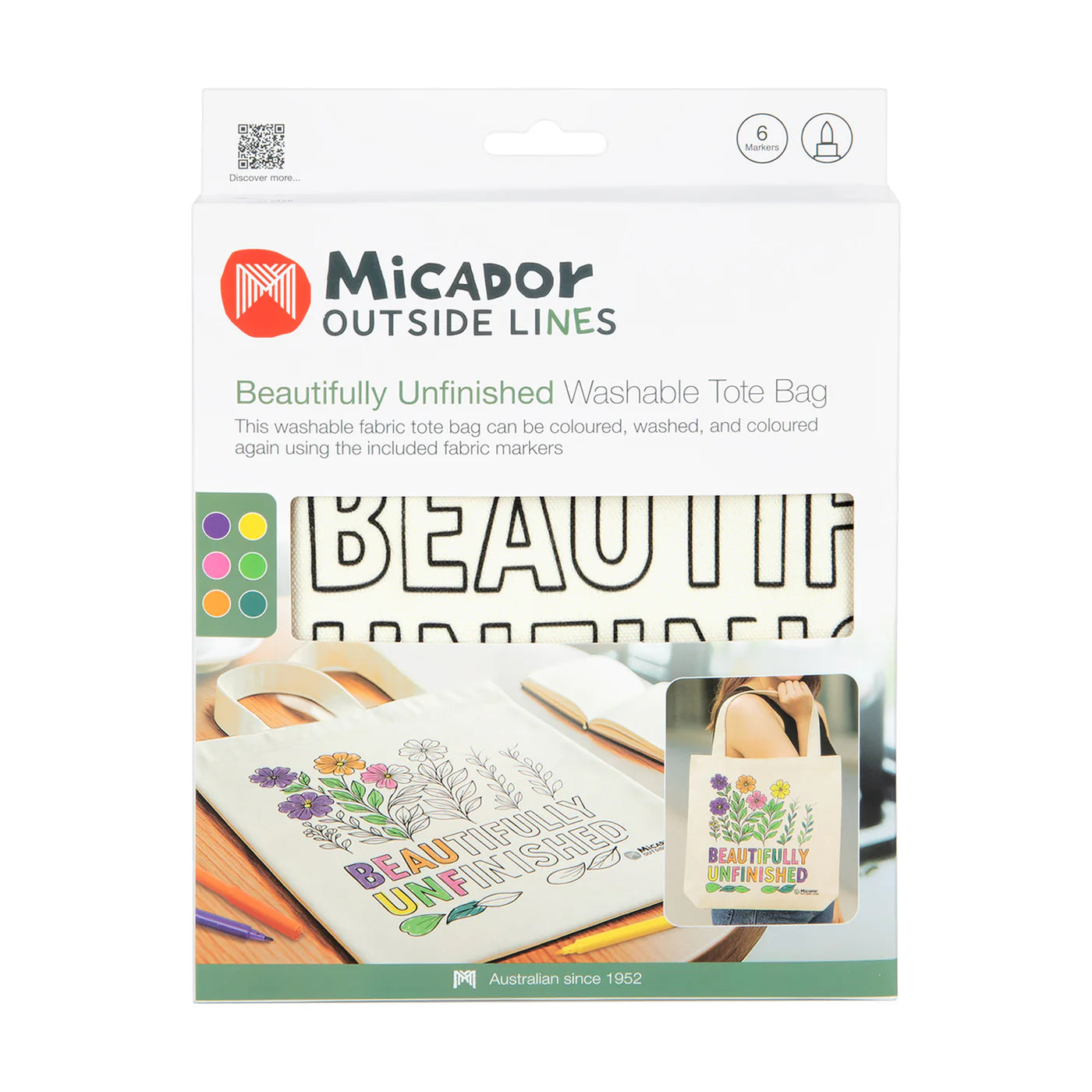 White Smoke Tote Bag Beautifully Unfinished, Micador Outside Lines Kids Colouring Books