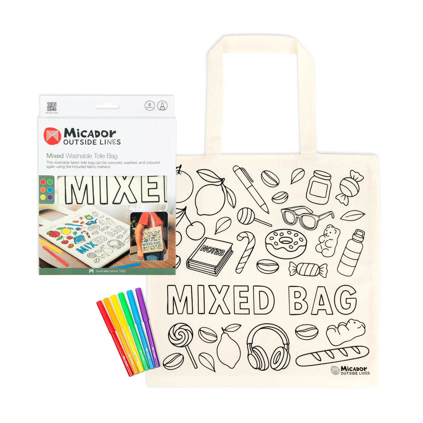 White Smoke Tote Bag Mixed Bag, Micador Outside Lines Kids Colouring Books