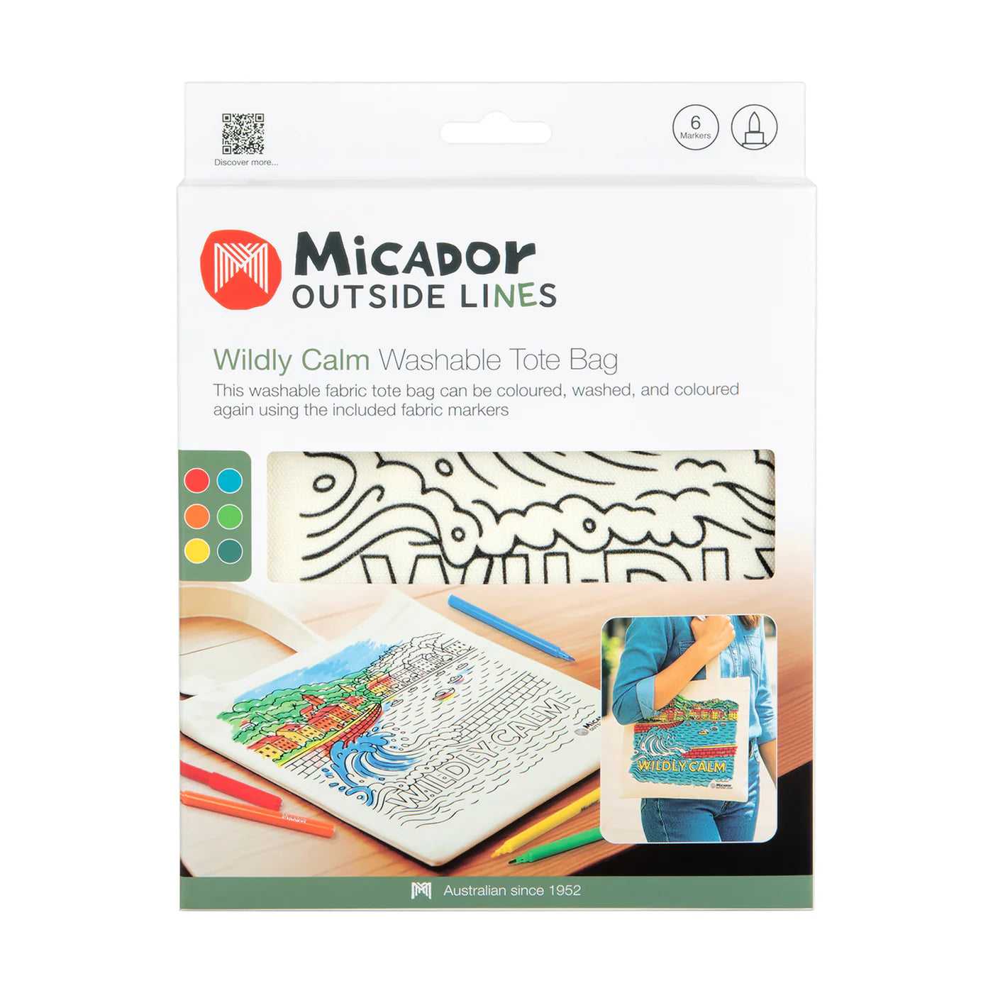 White Smoke Tote Bag Wildly Calm, Micador Outside Lines Kids Colouring Books