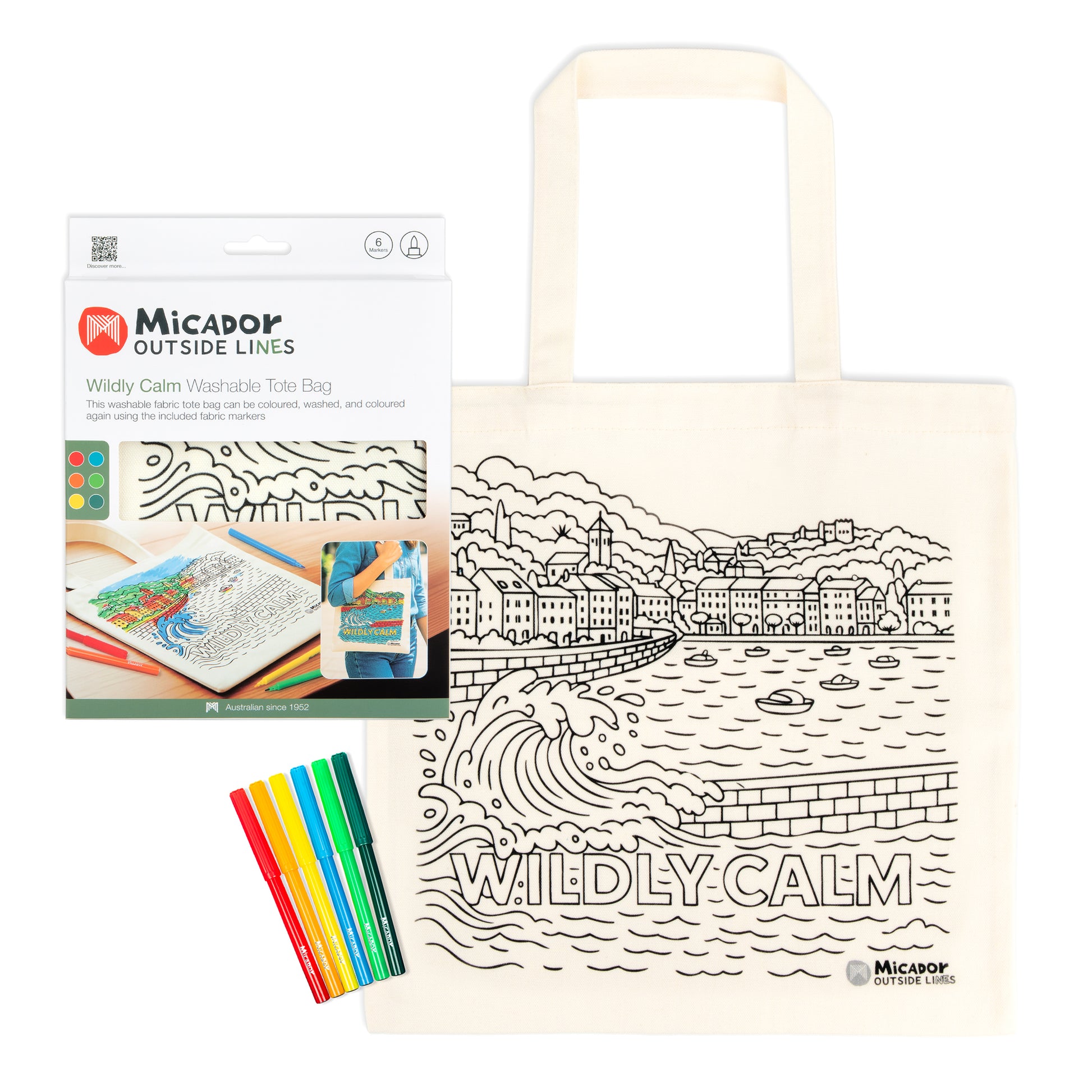 White Smoke Tote Bag Wildly Calm, Micador Outside Lines Kids Colouring Books