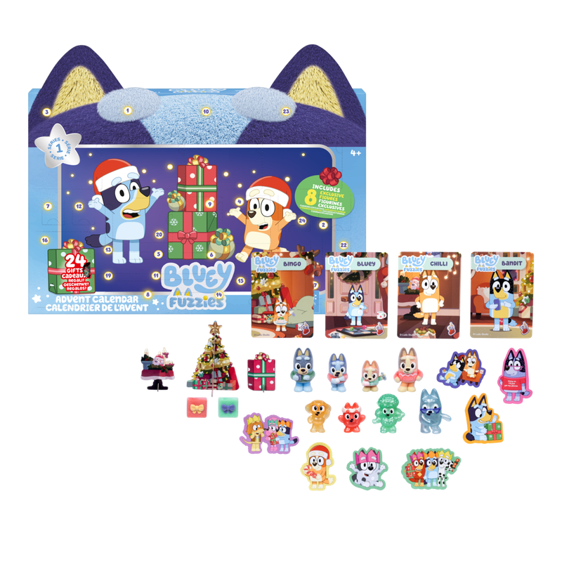 Bluey Puppets Christmas advent calendar set with a large blue cat-shaped box, four character cards, and multiple small character stickers and accessories arranged on a white background.