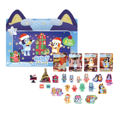 Bluey Puppets Christmas advent calendar set with a large blue cat-shaped box, four character cards, and multiple small character stickers and accessories arranged on a white background.