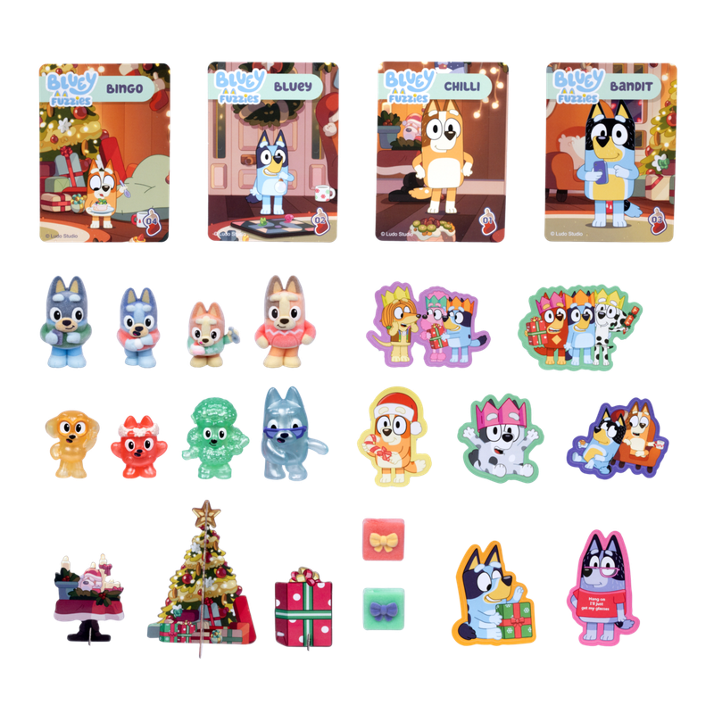 A collection of colorful cartoon dog-themed Christmas party accessories, including four square game cards, multiple small character figurines, several die-cut stickers, and holiday-themed decorative items, all arranged on a plain white background.