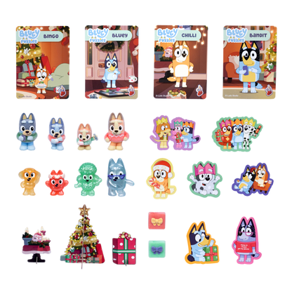 A collection of colorful cartoon dog-themed Christmas party accessories, including four square game cards, multiple small character figurines, several die-cut stickers, and holiday-themed decorative items, all arranged on a plain white background.
