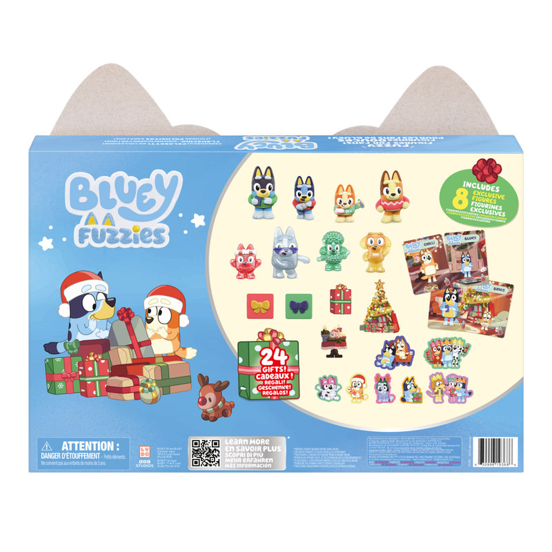 Blugy Fuzzies Christmas Santa Puck and Santa Dog toy set in its original blue packaging, featuring holiday-themed illustrations and a preview of the collectible figures inside.