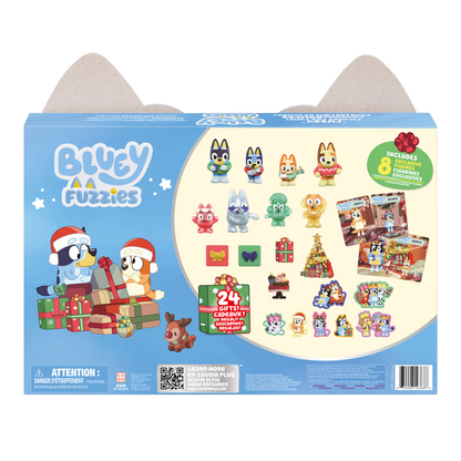 Blugy Fuzzies Christmas Santa Puck and Santa Dog toy set in its original blue packaging, featuring holiday-themed illustrations and a preview of the collectible figures inside.