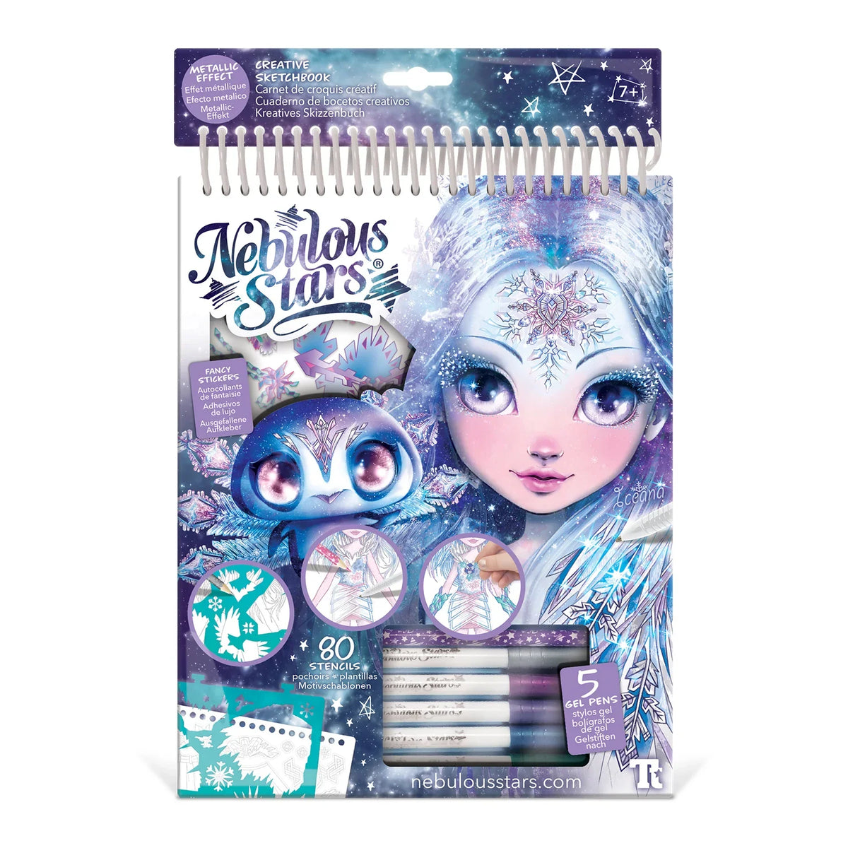 Creative sketchbook set with Iceana geometric crystal pages, pens, stickers, and stencils