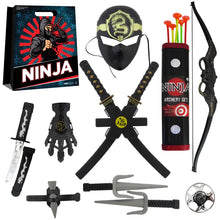 Ninja showbag contents with mask, archery set, foam throwing stars and sword