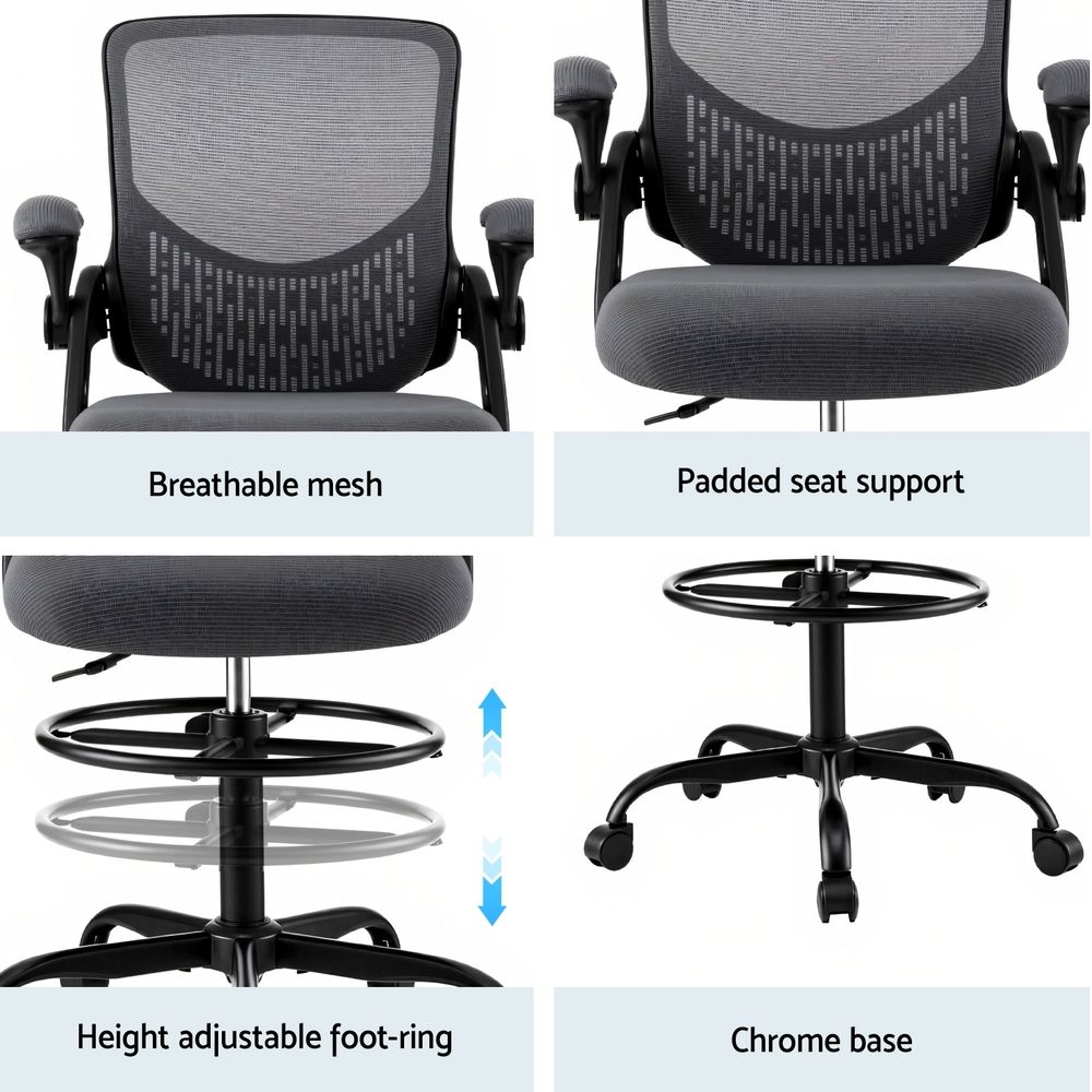 White Smoke Artiss Office Chair Drafting Chairs Stool Computer Desk Studios Mesh Grey Furniture > Office > Office & Desk Chairs