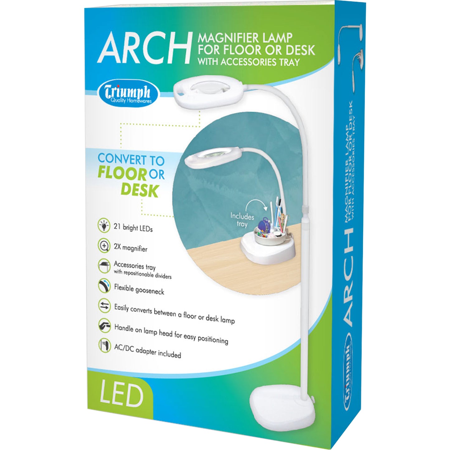 White Smoke Triumph Arch LED Magnifier Floor or Desk Lamp, White Lighting