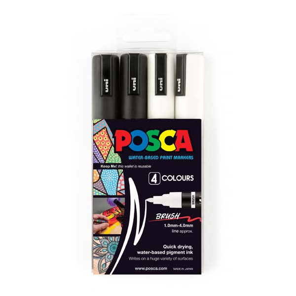 White Smoke POSCA PC5BR Brush Tip Paint Markers, Black/White, 4Pk Paint Markers