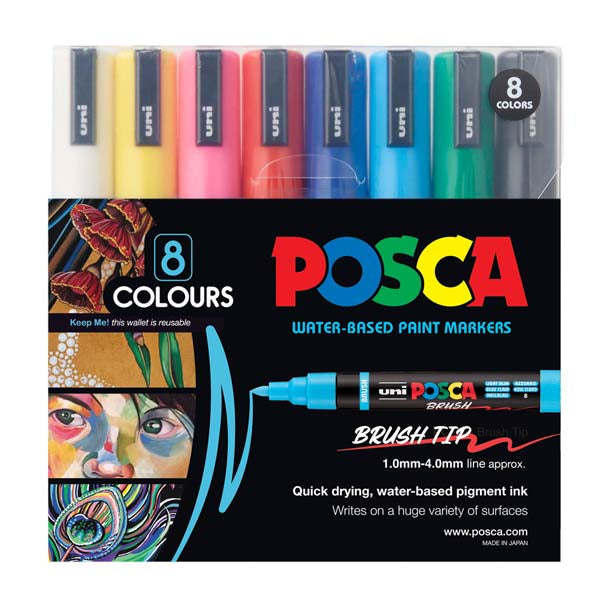 Black POSCA PC5BR Brush Tip Paint Markers, Assorted Colours, 8Pk Paint Markers
