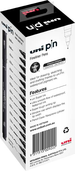 White Smoke UNI PIN Fineliner with BONUS Pencil Case, Assorted Colours, Pk15 Pens and Markers