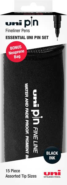 Black UNI PIN Fineliner with BONUS Pencil Case, Assorted Colours, Pk15 Pens and Markers