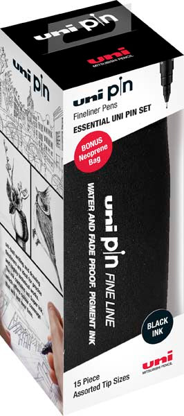 White Smoke UNI PIN Fineliner with BONUS Pencil Case, Assorted Colours, Pk15 Pens and Markers