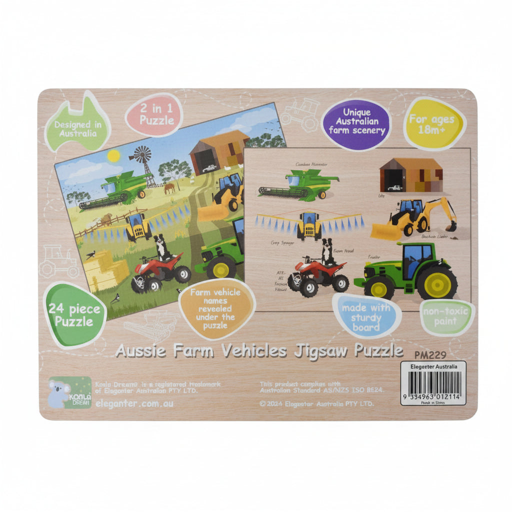 Farm vehicles jigsaw puzzle box, 24 pieces, Aussie farm scene illustration