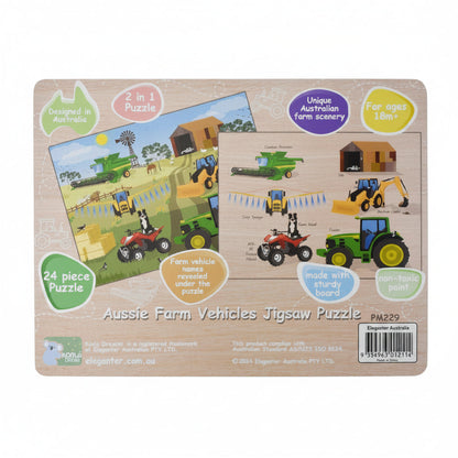 Farm vehicles jigsaw puzzle box, 24 pieces, Aussie farm scene illustration