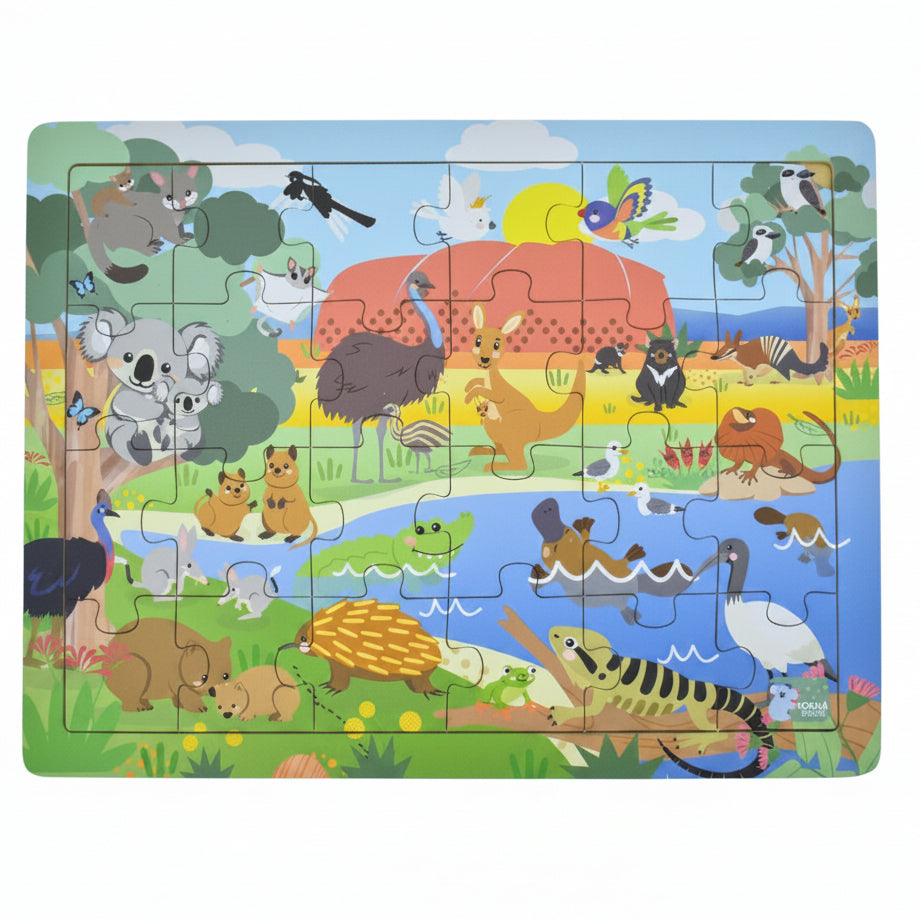 24-piece jigsaw puzzle board with Australian animals and habitat scene