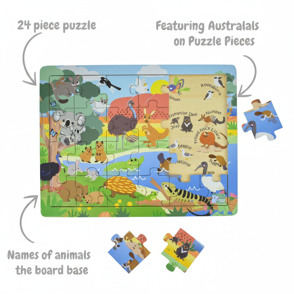 24-piece jigsaw puzzle set packaging with animal illustration and separate pieces