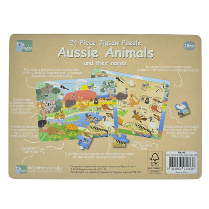 24-piece jigsaw puzzle box back with Australian animals scene and details