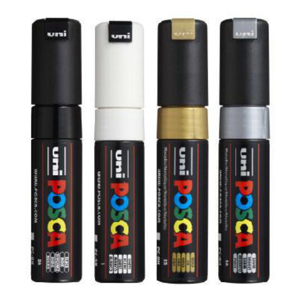 White Smoke Posca PC8K Paint Markers, Black, White, Gold, Silver, 4Pk Painting