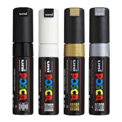 White Smoke Posca PC8K Paint Markers, Black, White, Gold, Silver, 4Pk Painting
