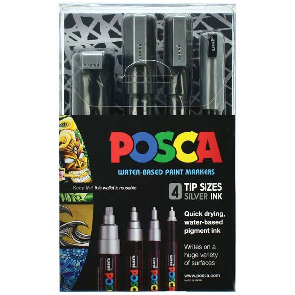 Black Posca Paint Markers, Assorted Nib Sizes, Silver, 4Pk Paint Markers