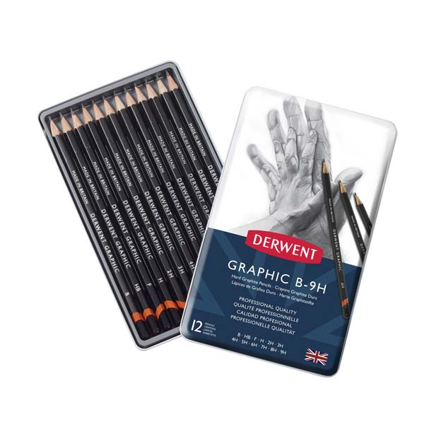 White Smoke Derwent Graphic Pencils, Hard, Tin 12 Pencils