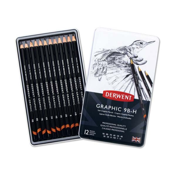 White Smoke Derwent Graphic Pencils, Soft, Tin 12 Pencils