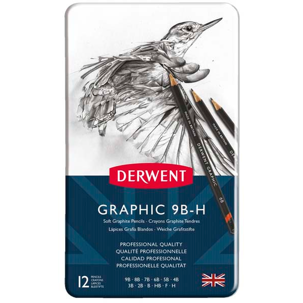 White Smoke Derwent Graphic Pencils, Soft, Tin 12 Pencils